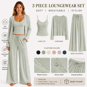 Private Label Women Ribbed Knit 3 Piece PJ Set Breathable Sleepwear Cardigan Long Pants Tank Top Nightwear Set Wholesale