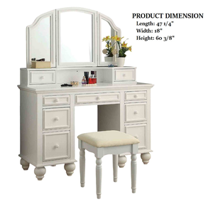 <b>Modern</b> Solid Oak Wood Vanity Set with Stool Storage Drawers 3-Sided Mirror-White Finish for Bedroom - Product Image 6