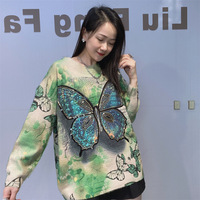 Pull en fourrure de vison tricoté imperméable pour femmes de style coréen pour le commerce extérieur, broderie lourde, manches longues, motif papillon