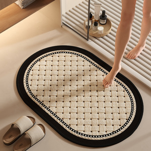 Tapis de salle de bain absorbant ovale, imitation lin, style Wabi Sabi, motif géométrique, tapis d'entrée - Product Image 2