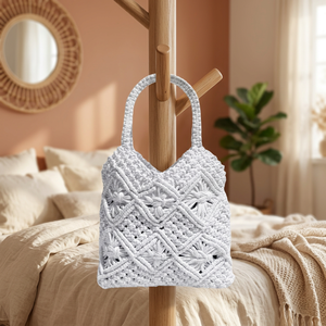 Bolso de mano casual de ganchillo blanco con borlas geométricas, estilo bohemio, asa única, tejido, cierre de cremallera, ecológico - Product Image 2