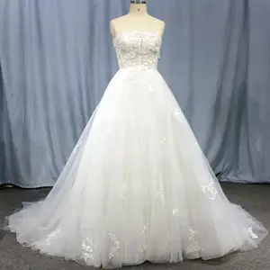 Strapless A-line Wedding Dress Bridal Gowns with Lace Appliqued for Girl Tulle Bride Dress in Wedding