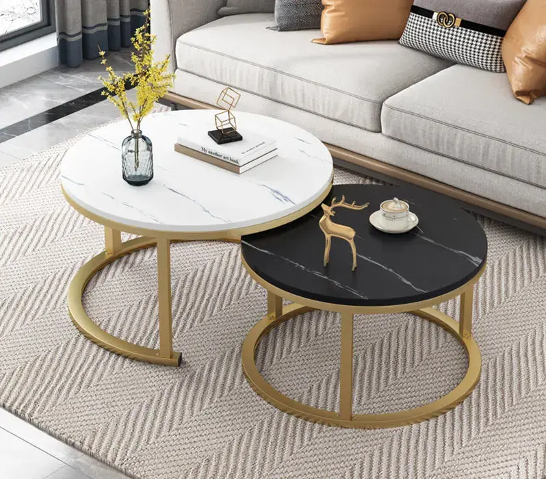 Offre Spéciale meubles de salon de luxe Simple, Design de décoration verre marbre texture dessus de bureau nid Table basse ronde