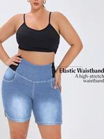 Shorts en jean taille haute pour femme grande taille, coupe slim, délavage clair, élastique latéral, longueur mi-cuisse, style décontracté – Nouvelle collection