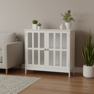 Mobiletto Laterale Bianco a Doppia Anta con Pannelli in Vetro Trasparente per Soggiorno, Design Moderno Scandinavo - Product Image 2