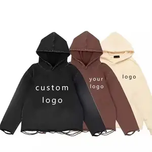 Artisan Custom logo Vintage loose cut new design hoodie Men's street wear solid color hem irregular long sleeve hoodie