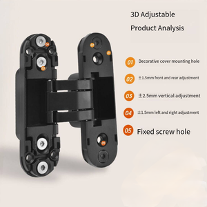 Bisagra de puerta oculta ajustable 3D de alta resistencia 60KG 110X30 de aleación de zinc negro mate 180 grados para herrajes de puertas de madera interiores - Product Image 2