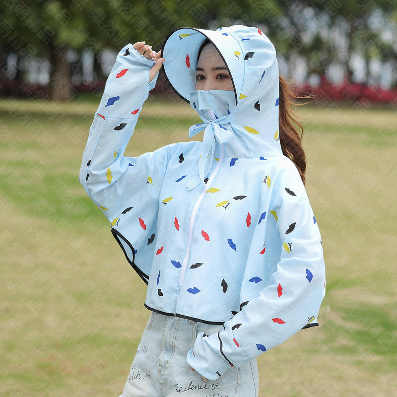 เสื้อกันแดด - พิมพ์ลายสีน้ำเงิน - ผ้าผสมโพลีเอสเตอร์-คอตตอน