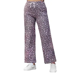 กางเกงชุดนอนผู้หญิงใส่สบายพิมพ์ลายเสือดาวสีม่วงเข้ม mqf