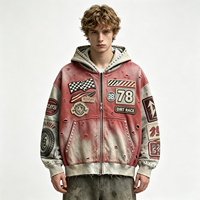 Hoodie Zipper Heavyweight Vintage Wash Distressed Racing Patchwork untuk Pria Streetwear Pesanan Grosir Logo Kustom Tersedia