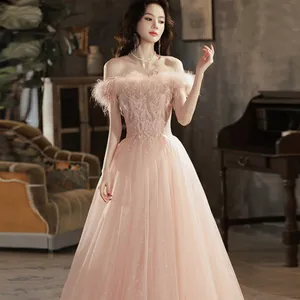 Pink Feather High-End Evening Dress One-shoulder Light Luxury Niche Engagement Toast Costume Host Birthday Performance Costume