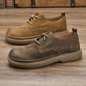 Chaussures décontractées pour hommes en cuir véritable, bout rond, à lacets, respirantes, style marche - Product Image 1