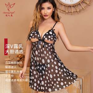 Nueva Lencería Erótica Sexy con Estampado de Lunares Transparente, Escote Bajo, Espalda Descubierta, Abertura en la Entrepierna, Lencería Erótica con Curvas Encantadoras para Mujer - Product Image 6