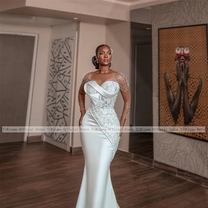 Vestidos de Novia de Satén Estilo Sirena para Mujer, Cuello Redondo, Manga Larga, Encaje, Cuentas, Pliegues, Vestidos de Novia Civiles Personalizados - Product Image 2