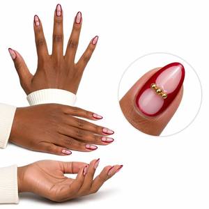 Faux ongles <span class=keywords><strong>à</strong></span> presser French Outline Amande, bordeaux avec clous dorés, faits main sur mesure, luxe, vente en gros - Product Image 1