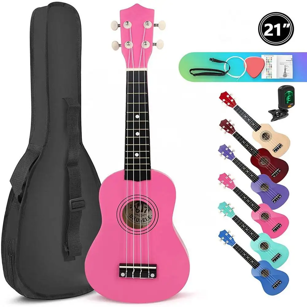 Ukulele Soprano 21 inci untuk pemula dewasa, peralatan musik set gitar Mini Hawaii dengan tas rangkaian alat musik Tuner