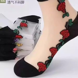 Women's Sheer Lace <b>Socks</b> With Rose Design Breathable Mid-Calf Length Regular Casual <b>Socks</b> For Youth 18-40 Years Old - Product Image 1