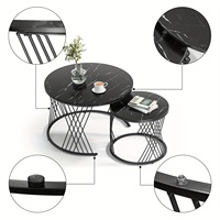 Juego de Mesa de Centro Redonda Negra (2 Piezas) con Aspecto de Mármol, Mesas de Centro Encajables para Sala de Estar y Patio, Modelo Z-15