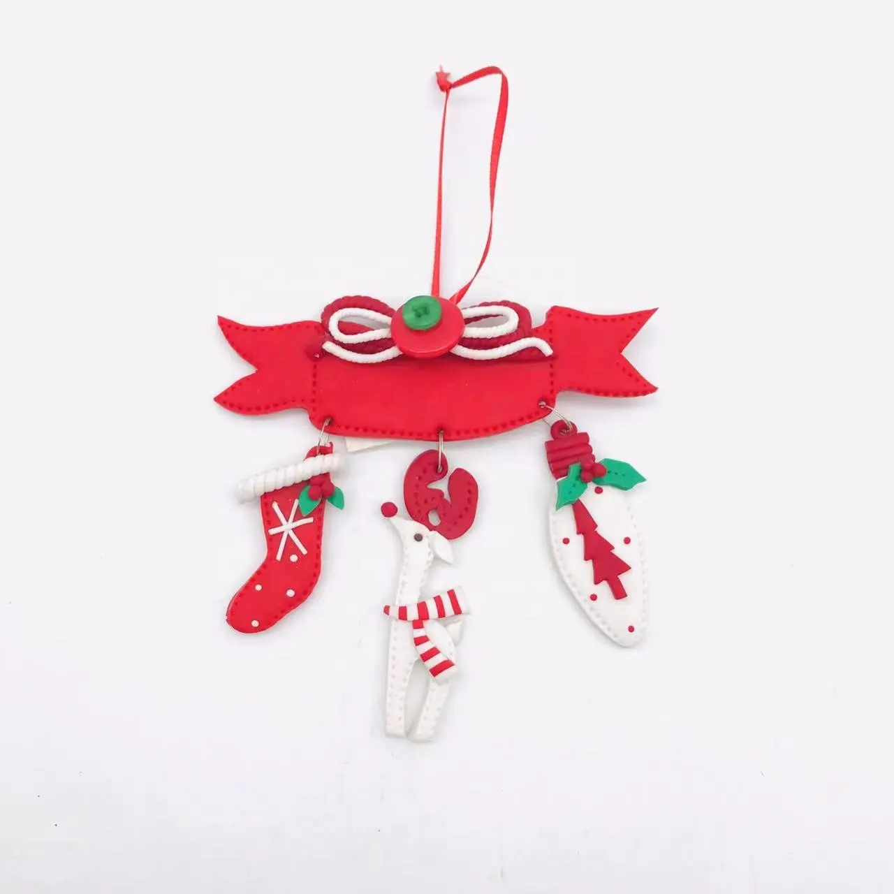 Snowman/ Reindeer/sock/stick/tree under hanging ornament polymer clay red and white christmas Decoration