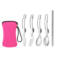Couverts pliables légers en acier inoxydable : couteau, fourchette, cuillère, baguettes – Kit de voyage compact pour la randonnée et les pique-niques