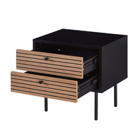 Mesa de Noche Moderna Negra de Calidad Profesional con Madera Acanalada y 2 Cajones, Mesita de Noche Tradicional Personalizable para Dormitorio y Sala de Estar