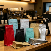 Bolsa vertical de plástico para café de diseño reutilizable, válvula cuadrada de fondo plano, bolsas de café de embalaje negro mate