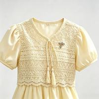 Robe longue deux pièces style coréen pour filles, col en V, dentelle jacquard, manches courtes + robe à volants, tenue décontractée d'été pour adolescentes