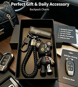 QY Street Fashion 3D PVC Split Mechanical Bear Figure Keychain Braided Leather <b>Wrist</b> <b>Strap</b> Keyring - Product Image 5