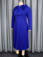 AM050850 Robe élégante pour femme, coupe trapèze plissée, bleue, mi-longue, grande taille, à col montant et nœud papillon, à manches longues, pour l'automne, formelle, pour l'église ou décontractée