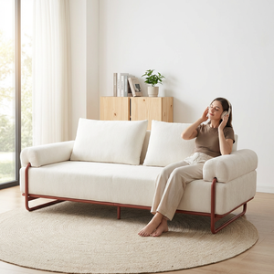 Krem Kumaş Sıkıştırılmış Vakumlu Modüler 3 Parçalı <span class=keywords><strong>Set</strong></span> Ofis Dostu Kırmızı Metal Çerçeveli Yer Tasarruflu Kanepe - Product Image 1