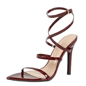 Sandalias de tacón alto sexy para mujer con punta y tiras cruzadas al tobillo, color borgoña, tacón extra alto - Product Image 2