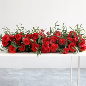 LFB2330-1 Wedding Props Silk Artificial Red Rose Flowers Runners Artificial Flower Runner Floral Garland Wedding Table