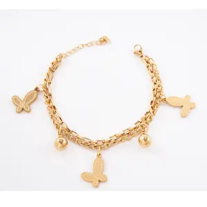 Classic Style 304 Stainless Steel Charm Layered Chain Bracelets Bangles 18K Gold Plating Butterfly Pendant Fashionable Jewelry