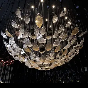 Lustre de cristal personalizado para hotel, luminária pendente em folha de vidro com design nórdico moderno, luminária para escadas e restaurantes