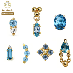 Boucles d'oreilles Lotus étanches en or massif 14k 18k jaune et blanc avec topaze bleue, sans filetage, bijoux de corps fins pour <span class=keywords><strong>piercing</strong></span> - Product Image 1