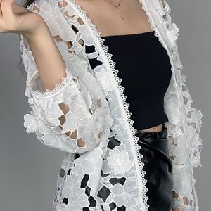 Blusa de Encaje Floral Elegante para Mujer, Estilo Simple, Prenda Exterior Informal, Tejida y Transpirable, para Primavera y Otoño - Product Image 2