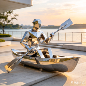 Escultura de Acero Inoxidable de Gran Tamaño, Arte Metálico Personalizado, Hombre Remando con Bote y Remos, Acabado Pulido Espejo, para Decoración de Plazas y Lagos - Product Image 4