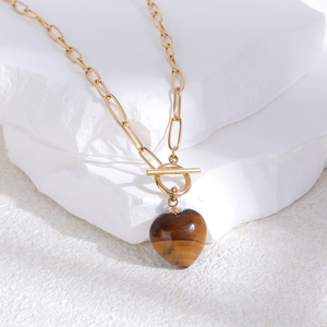 Colliers Pendentifs Tendance en Acier Inoxydable Plaqué Or/Argent avec Chaîne à Maillons, en Agate Cœur, Unisexe, OEM/ODM, Disponibles Immédiatement - Product Image 1