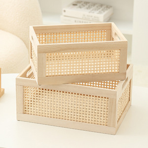 Rattan <b>Basket</b> <b>Storage</b> Box Rectangle Solid Wood No Lid Office Drawer Style Organizers for Sundries Desktop Use - Product Image 4
