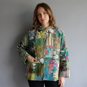 Quilted <b>Patchwork</b> <b>Jacket</b> Women's Mandarin Collar Full Sleeve Cotton Spring Style Regular Length Printed Design gift for her - Product Image 1