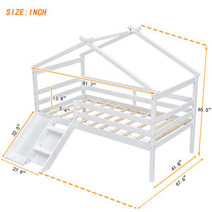 White Twin Low Loft House <strong>Bed</strong> <strong>with</strong> <strong>Slide</strong>, Ladder &amp; Safety Guardrails Kids Playhouse <strong>Bed</strong> <strong>with</strong> Roof Frame - Product Image 2