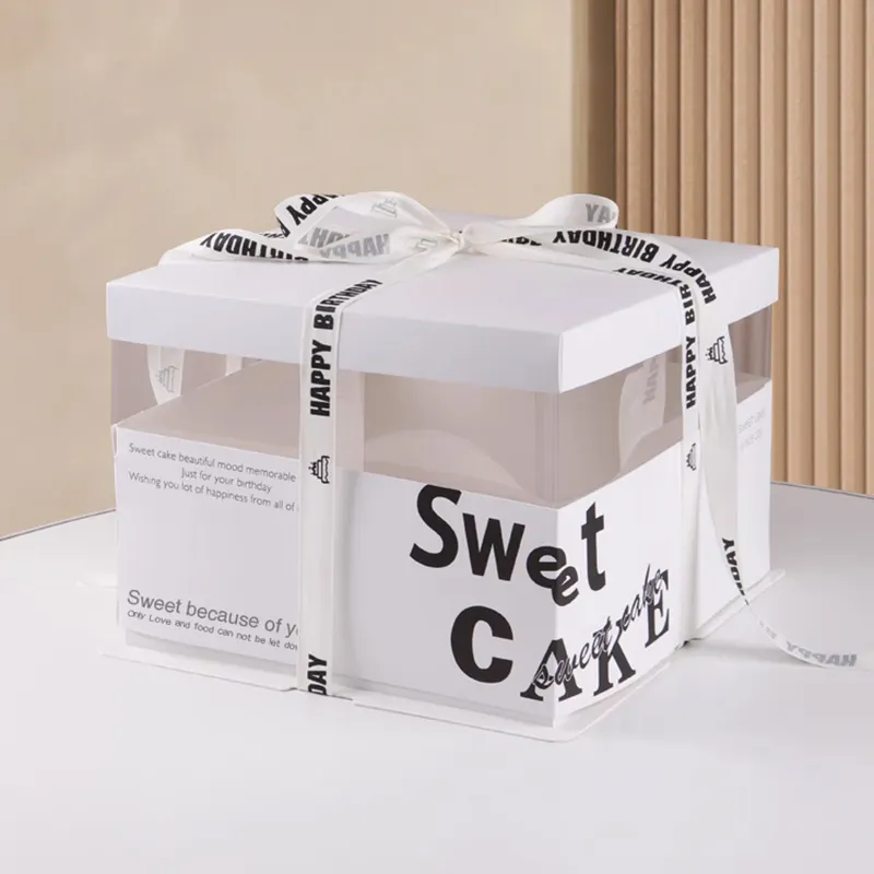 Nuevo diseño, embalaje transparente, caja de paquete de postre cuadrado PET con cintas blancas, cajas de pastel personalizadas para bodas para invitados