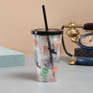 450ml Trick Or Treat Skull Cross Tomb Bat Print Double Wall Clear Plastic Tumbler with Black Flat Lid & Matching Black Straw - Product Image 4
