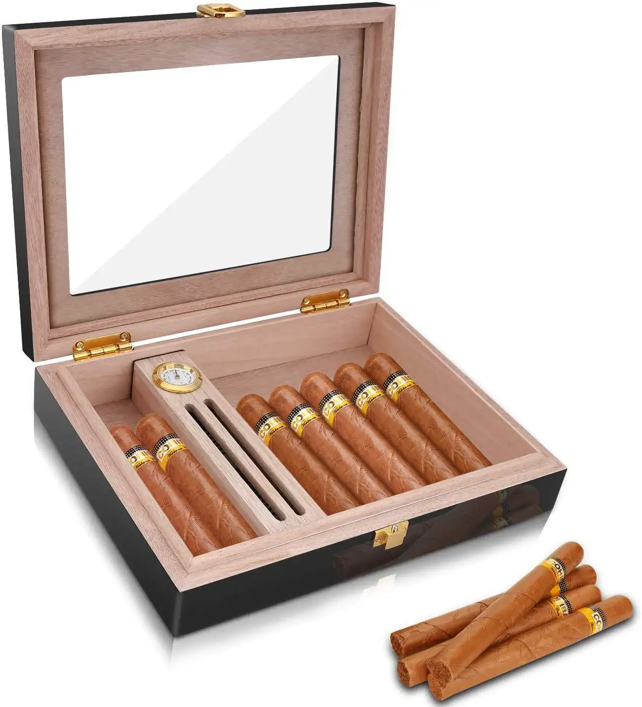 กล่องซิการ์ซิการ์ของสเปนกล่องซิการ์ไม้ Humidor พร้อม Hygrometer กล่องซิการ์ภาพวาดที่กำหนดเองแสดง Humidor