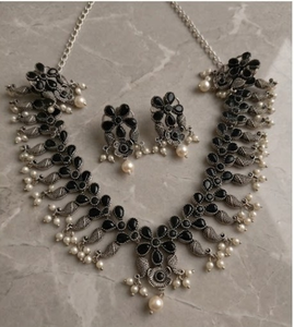 DIVYORO Oxidized <b>Silver</b> Floral <b>Choker</b> Set with Black Stone Elegant Designer Necklace Set with Earrings Statement Fashion Jewelry - Product Image 1