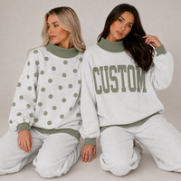 Ensemble de survêtement personnalisé en molleton bouclette pour femme, avec sweat-shirt oversize réversible à col montant imprimé pois et broderies, et pantalon de survêtement