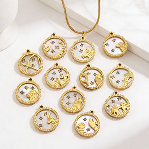 Colgante redondo de acero inoxidable chapado en oro con 12 signos del zodiaco, con detalles de nácar y diamantes, para collar, pulsera, bricolaje. - Product Image 3