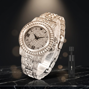 Montre à quartz sertie de diamants, bracelet en alliage, bracelet en acier inoxydable, montre analogique pour femmes, bijoux de mode - Product Image 3