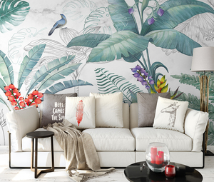 Mural de Pared Impermeable de Tela No Tejida con Diseño de Planta Tropical y Hojas Grandes, Efecto Seda, Estilo Boho Moderno, Tono Neutro, Floral y Aviario, Fácil de Instalar - Product Image 4