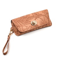 Étui à lunettes vintage en cuir PU gaufré floral, pochette de rangement rétro en métal avec fermoir rotatif et dragonne amovible